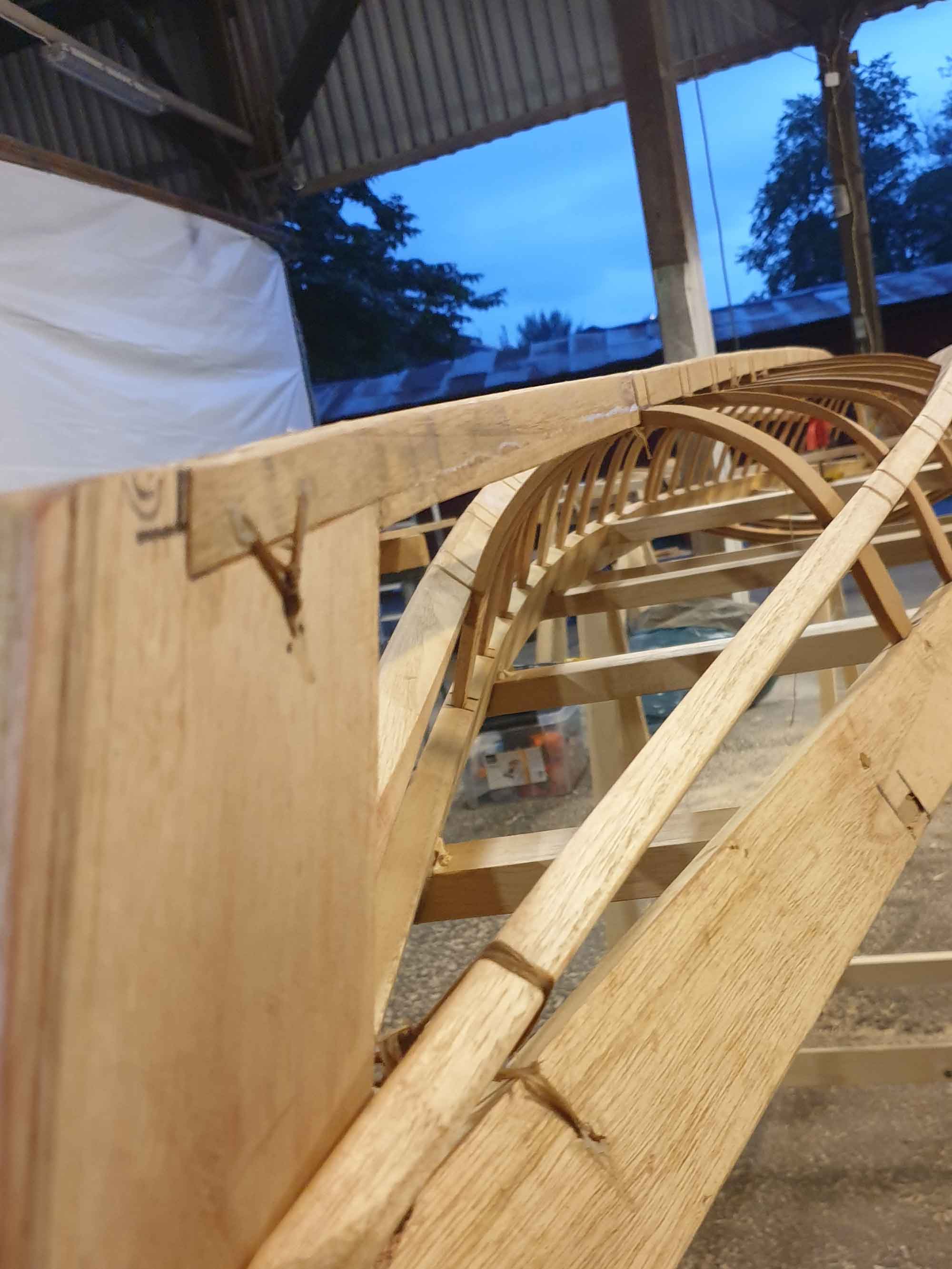 I cut the lashing and put in shims to get a fair curve in the keel. Maybe I should shim rib 23 too?