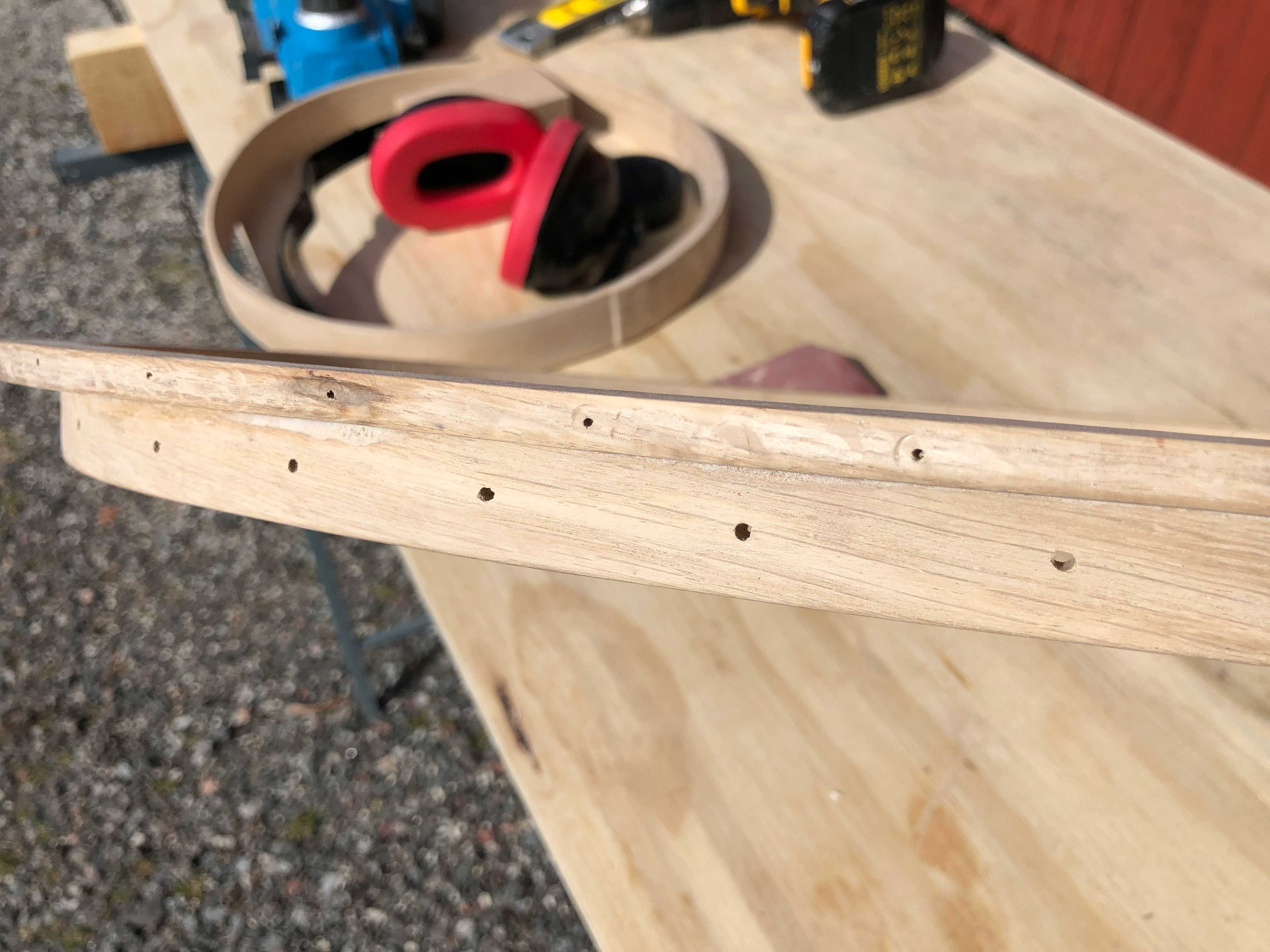 1,5 and 3mm holes predrilled for ring shank copper nails and sewing the skin